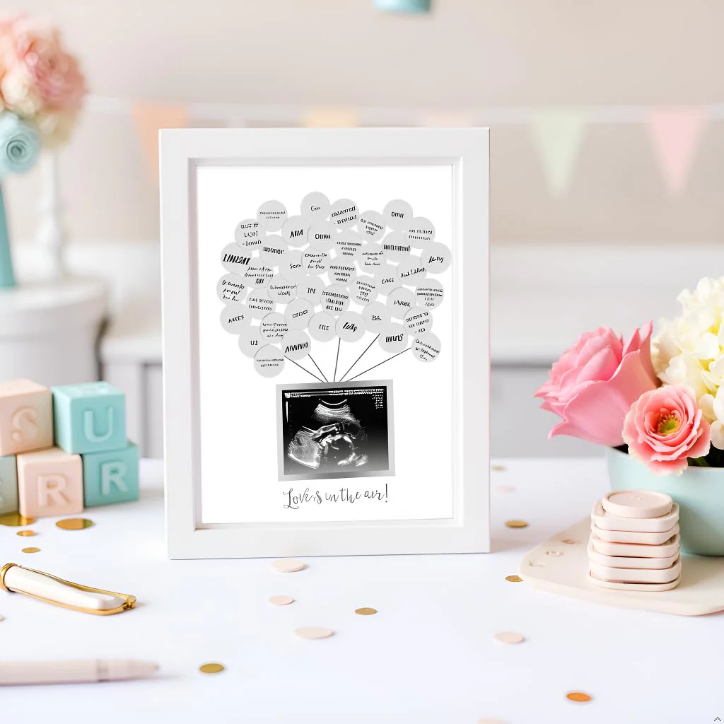 Pearhead Baby Shower Signature Guest Book & Sonogram Keepsake Picture Frame with 50 Balloon Stickers, Alternative Guestbook Idea, 5” x 4” Photo Insert, White - Image 6