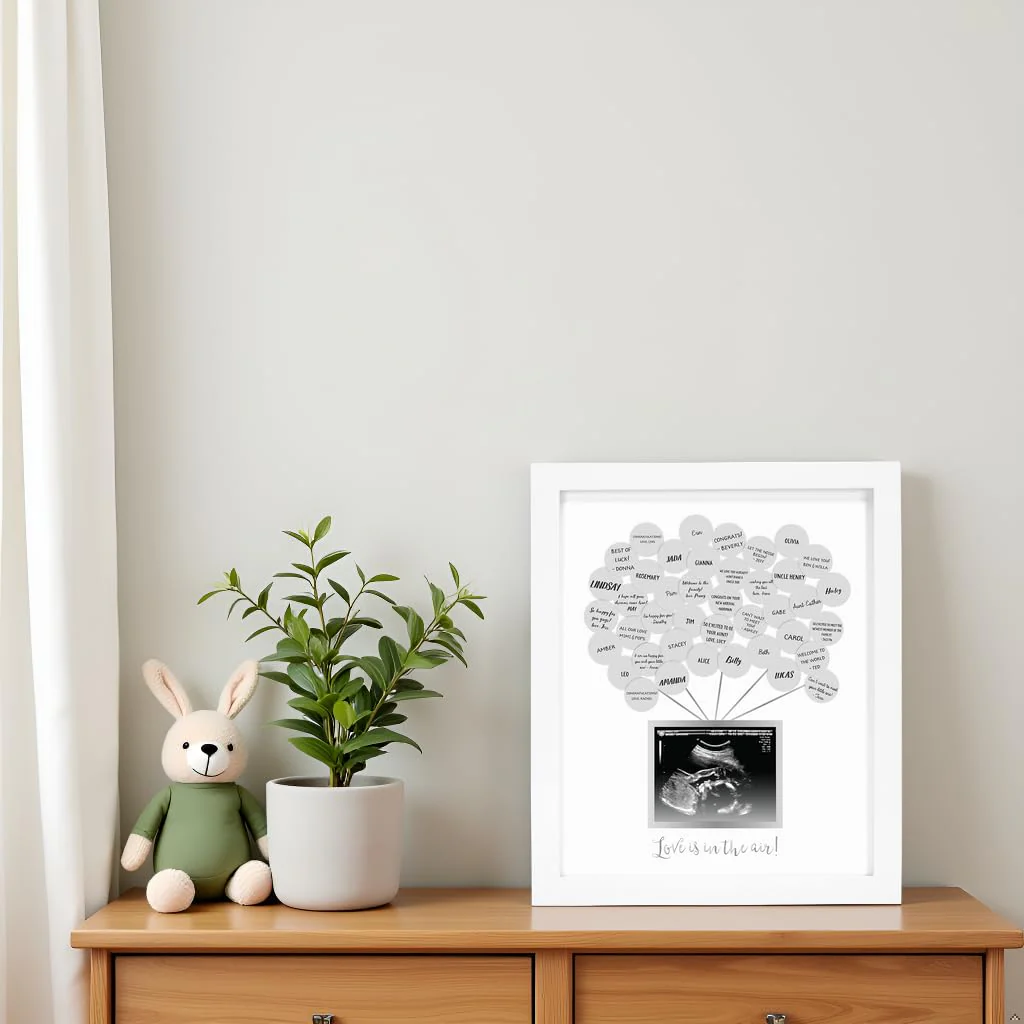 Pearhead Baby Shower Signature Guest Book & Sonogram Keepsake Picture Frame with 50 Balloon Stickers, Alternative Guestbook Idea, 5” x 4” Photo Insert, White - Image 7