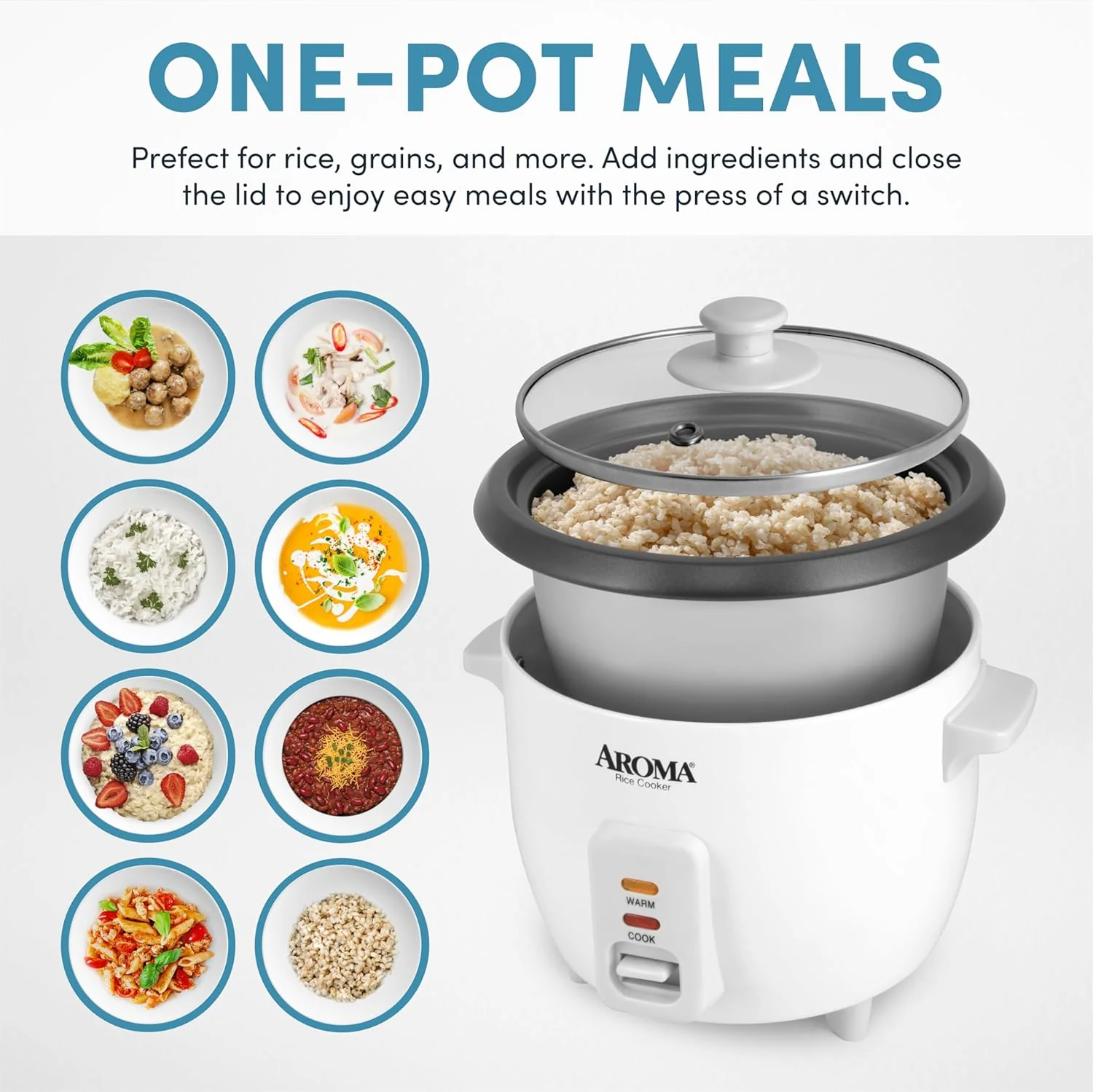 NEW - Aroma Housewares Aroma 6-cup (cooked) 1.5 Qt. One Touch Rice Cooker, White (ARC-363NG), 6 cup cooked/ 3 cup uncook/ 1.5 Qt. - Image 4