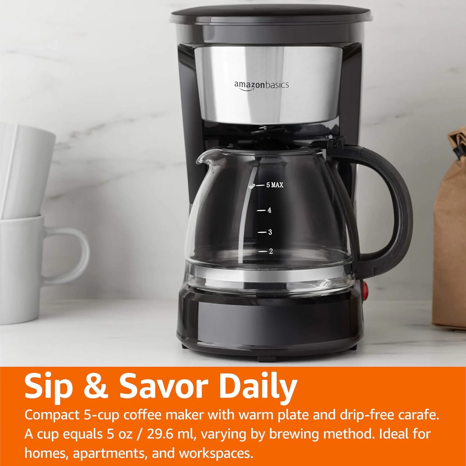 Amazon Basics Coffee Makers, 5-Cup Coffee Machines with Reusable Filter, Coffee Pots, Black & Stainless Steel - Image 7