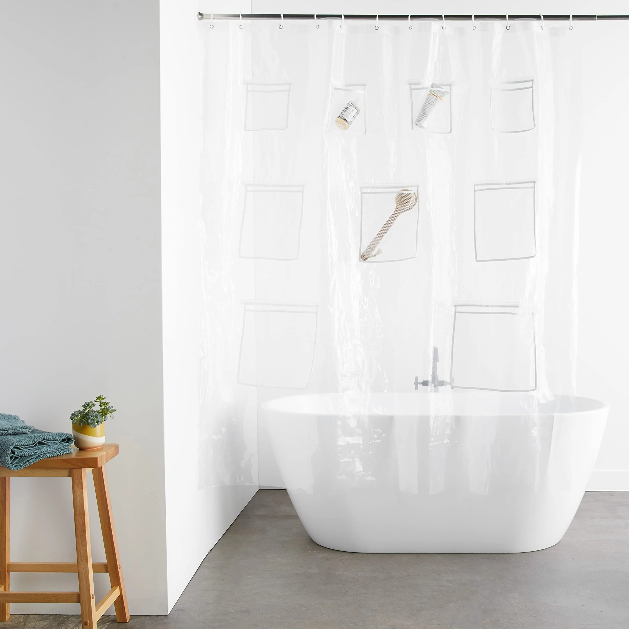Amazon Basics 8-Gauge PEVA Shower Curtain or Liner with Mesh Storage Pockets - 72" x 72", Clear - Image 2