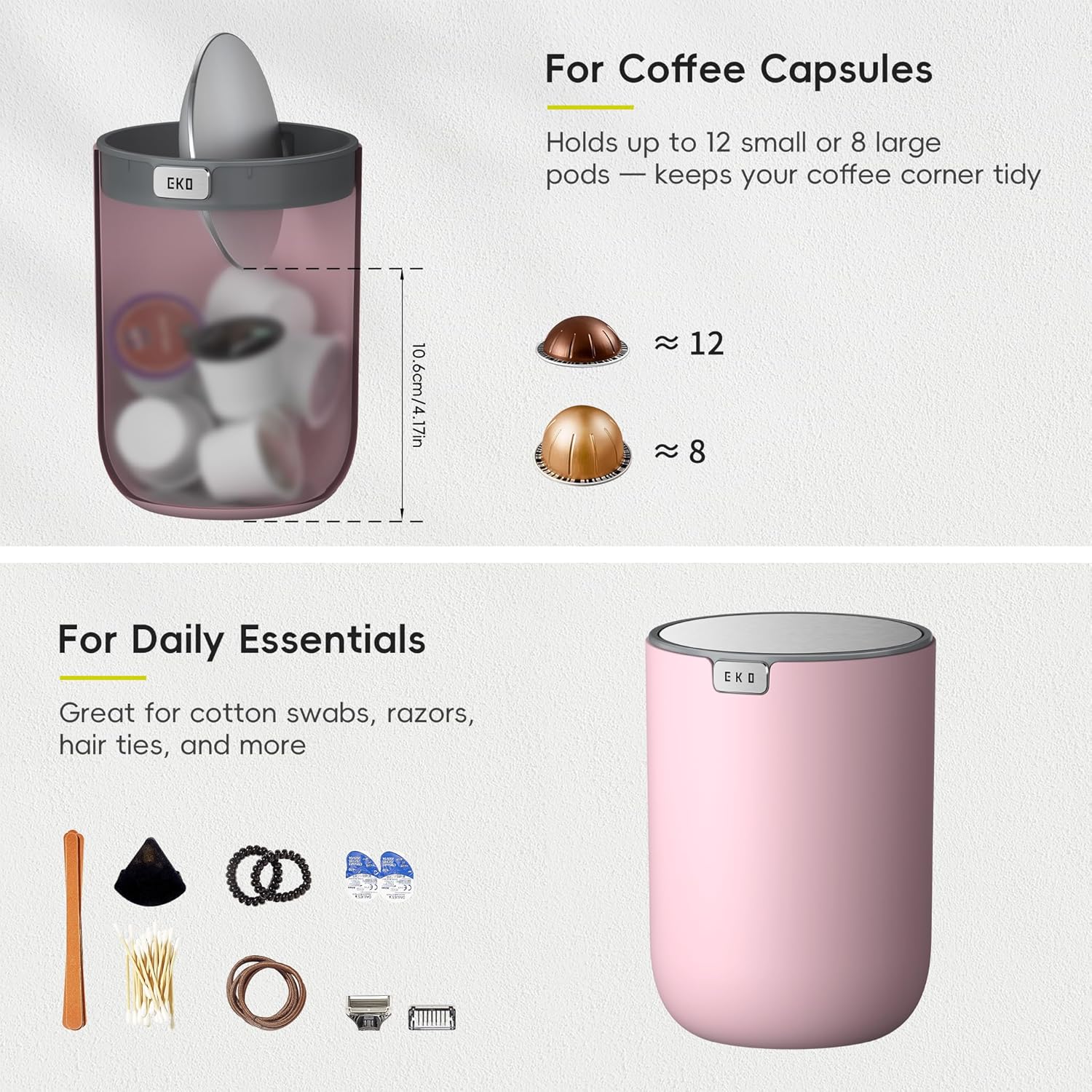 EKO Mini Desk Trash Can with Swing-Top Lid 0.4 Gallon Small Table Round Wastebasket for Office, Home, Car (Pink) - Image 3