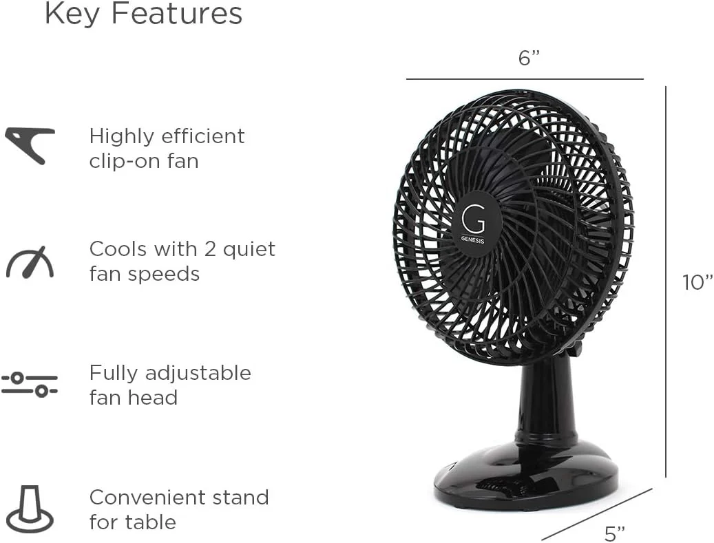 Genesis 6-Inch Clip Convertible Table-Top & Clip Fan Two Quiet Speeds - Ideal For The Home, Office, Dorm, More Black (A1CLIPFANBLACK - Image 2