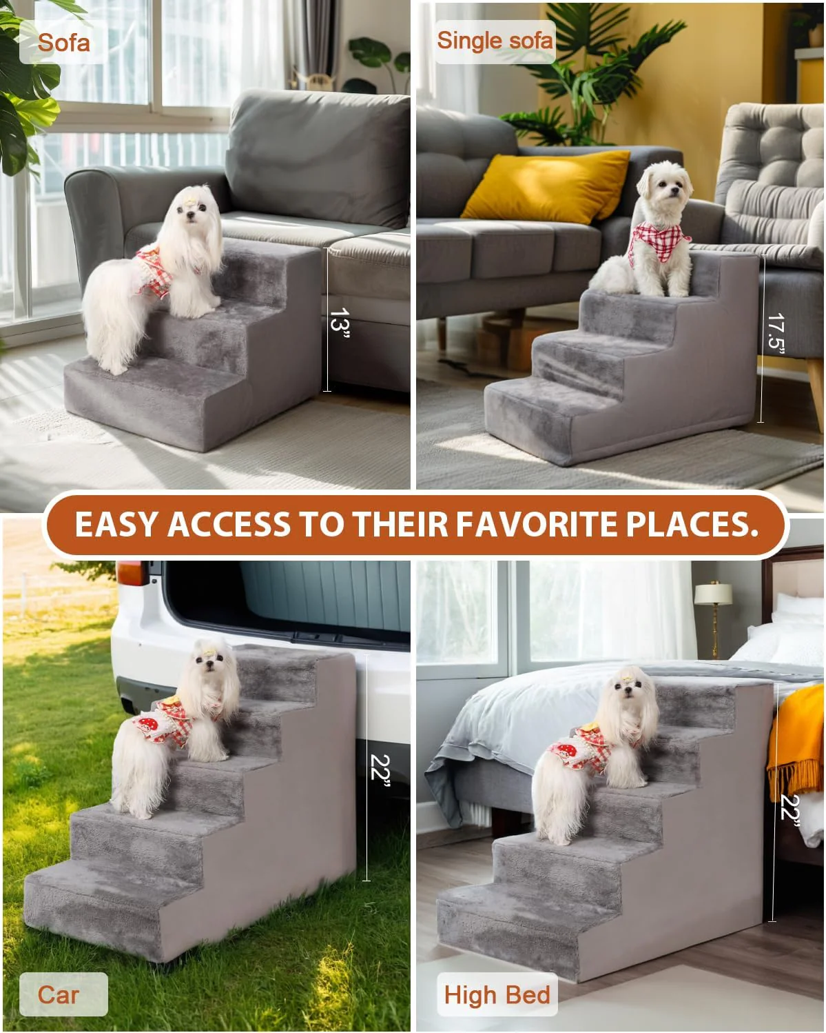 Dog Stairs for Small Dogs,17.5" H,4-Step Pet Stairs for High Beds and Couches，Dog Steps with Non-Slip Bottom and High-Density Foam Indoor Outdoor,Dark Grey - Image 2