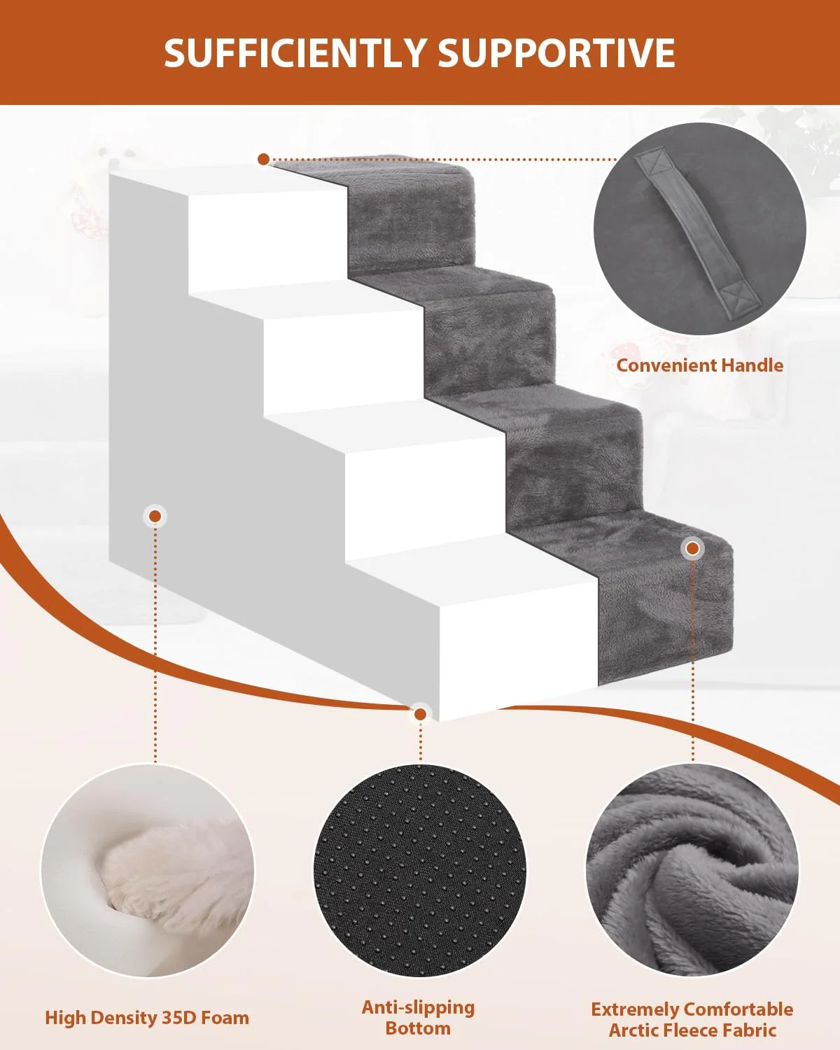 Dog Stairs for Small Dogs,17.5" H,4-Step Pet Stairs for High Beds and Couches，Dog Steps with Non-Slip Bottom and High-Density Foam Indoor Outdoor,Dark Grey - Image 4