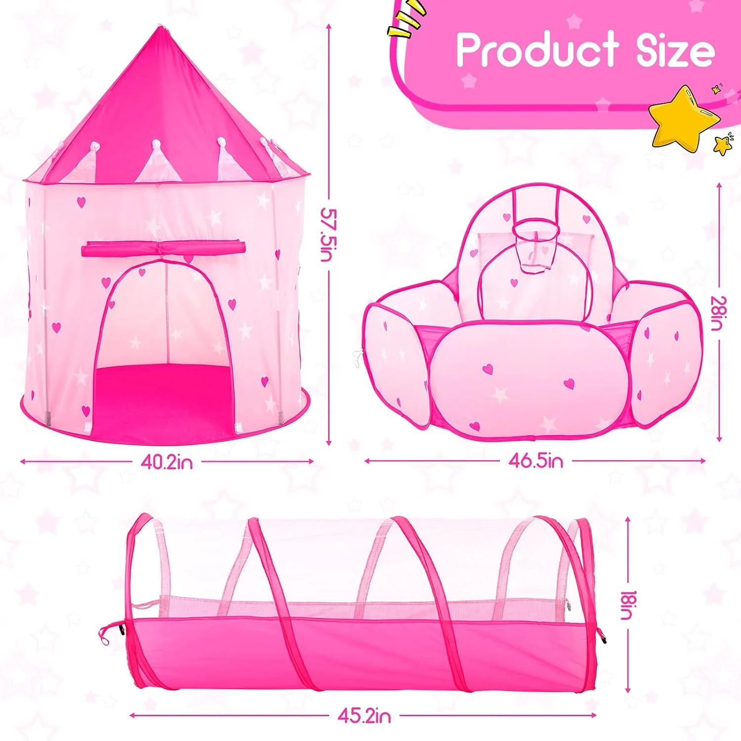 PigPigPen 3pc Kids Play Tent for Girls with Ball Pit, Crawl Tunnel, Princess Tents for Toddlers, Baby Space World Playhouse Toys, Boys Indoor& Outdoor Play House, Perfect Kid’s Gifts - Image 2
