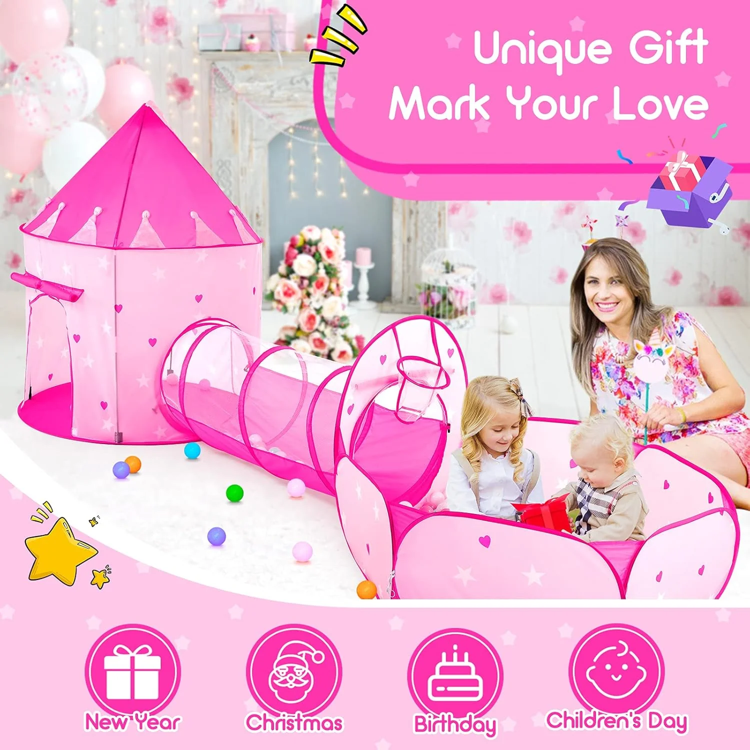 PigPigPen 3pc Kids Play Tent for Girls with Ball Pit, Crawl Tunnel, Princess Tents for Toddlers, Baby Space World Playhouse Toys, Boys Indoor& Outdoor Play House, Perfect Kid’s Gifts - Image 7