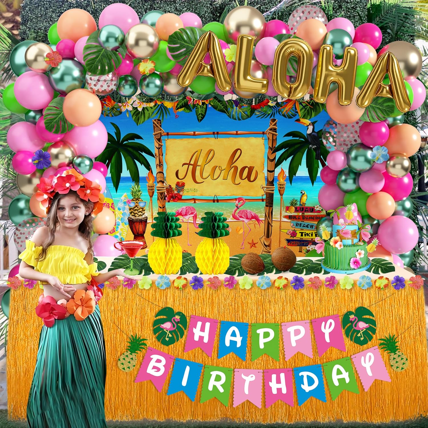 Luau Birthday Party Decorations Hawaiian Party Decorations 169 Pcs Tropical Aloha Party Supplies for Summer Beach Holiday Including Balloon Arch Kit Backdrop Table Skirt Banner Cake Toppers Straws - Image 7