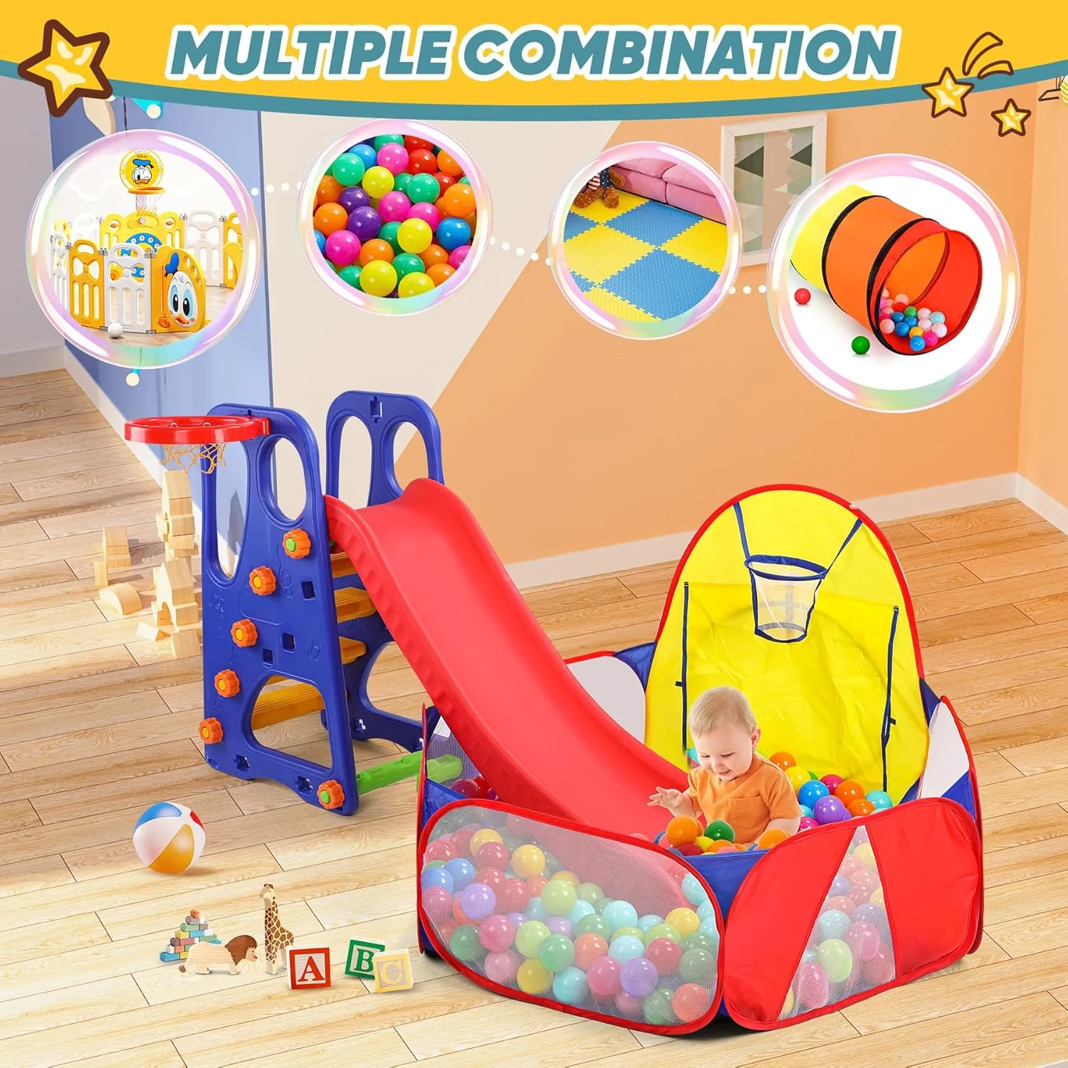 Playpen with Basketball Hoop and Zipper Storage Bag, 4 Ft/120CM, Balls Not Included (Blue Yellow Red) - Image 7
