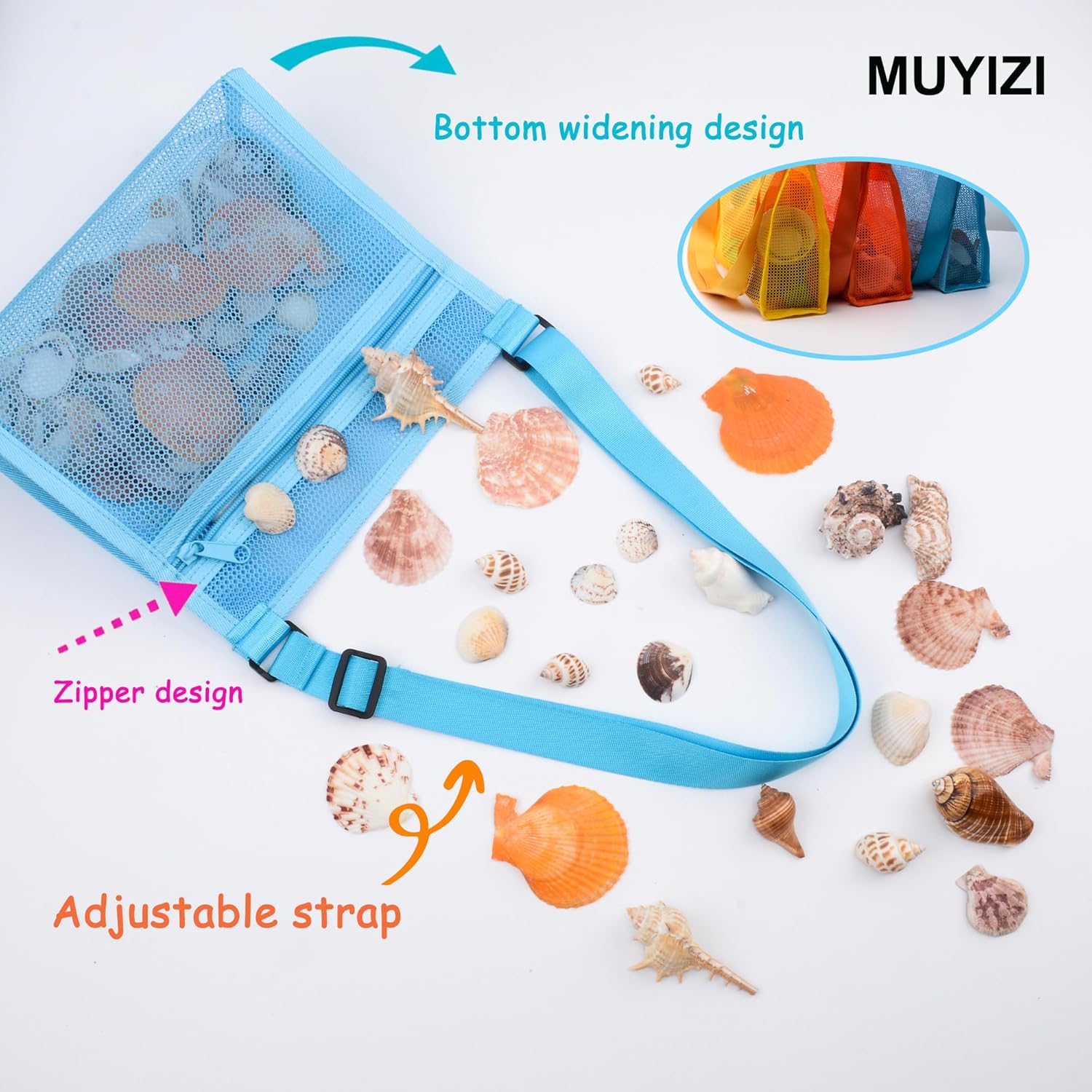 Mesh Bag for Holding Beach Shell,Toys (Blue&Yellow&Orange 3pack) Shell Collecting Bags for Kids, for Picking Up Shells - Image 3