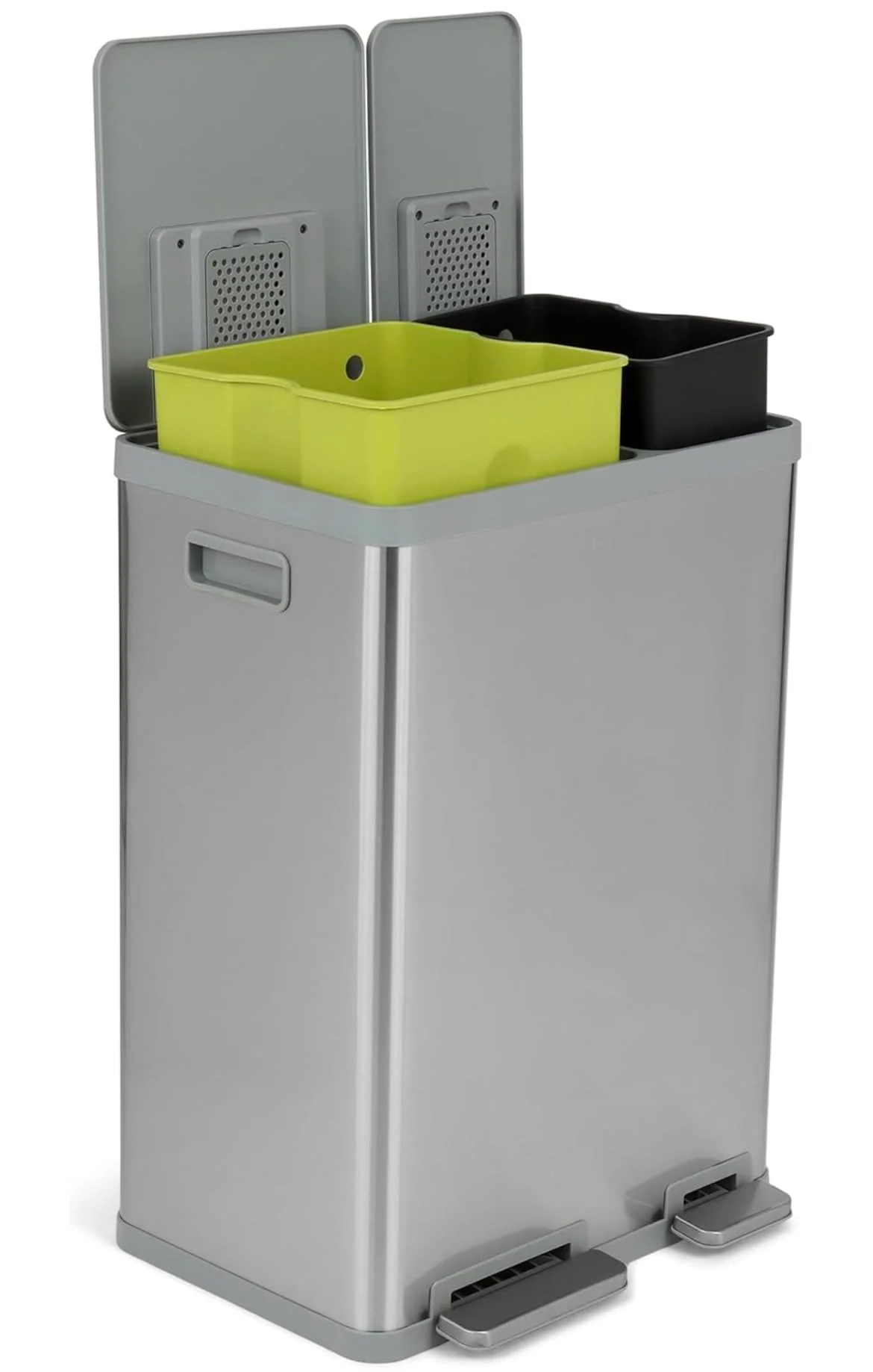 Simpli-Magic 60 Liter / 16 Gallon Rectangular Hands-Free Dual Compartment Recycling Kitchen Step Trash Can with Soft-Close Lid, Brushed Stainless Steel (38L x 22L Capacity) - Image 2