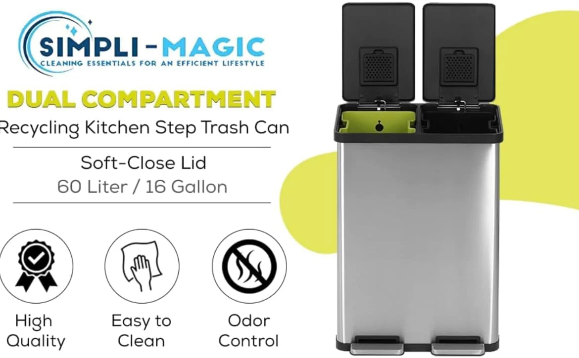 Simpli-Magic 60 Liter / 16 Gallon Rectangular Hands-Free Dual Compartment Recycling Kitchen Step Trash Can with Soft-Close Lid, Brushed Stainless Steel (38L x 22L Capacity) - Image 3