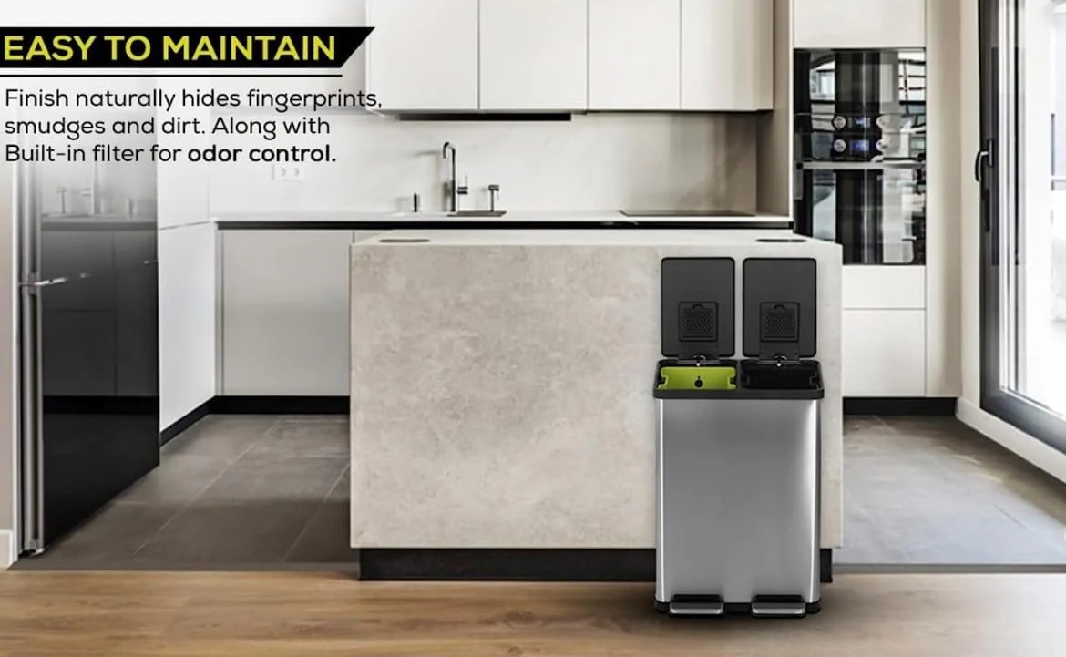 Simpli-Magic 60 Liter / 16 Gallon Rectangular Hands-Free Dual Compartment Recycling Kitchen Step Trash Can with Soft-Close Lid, Brushed Stainless Steel (38L x 22L Capacity) - Image 4