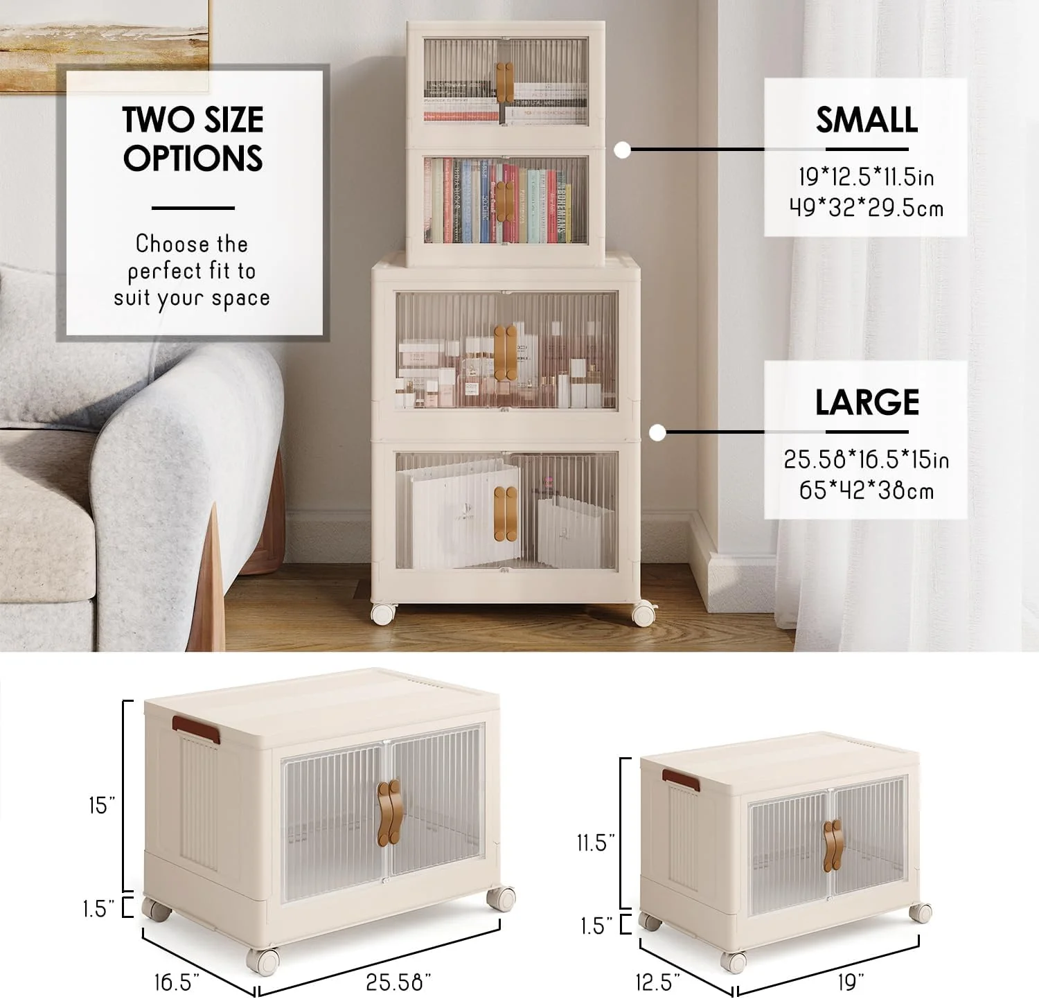 3 Pack Stackable Storage Bins with Lids 21 GAL - Collapsible Storage Bins Open Front & Top Home Closet Storage Organization, Plastic Foldable Clothes Storage Cabinet with 360° Wheels, White 84.5 QT - Image 8