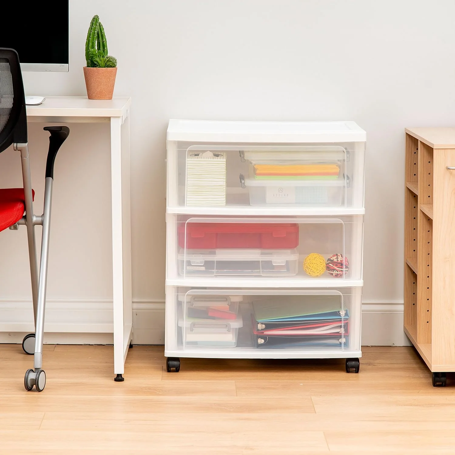 IRIS USA Plastic Drawer Storage Organizer Rolling Cart, with Wheels Casters, 3-Drawers, for Art Craft Supplies Bathroom Dorm Bedroom Laundry Room, Wide, White - Image 2