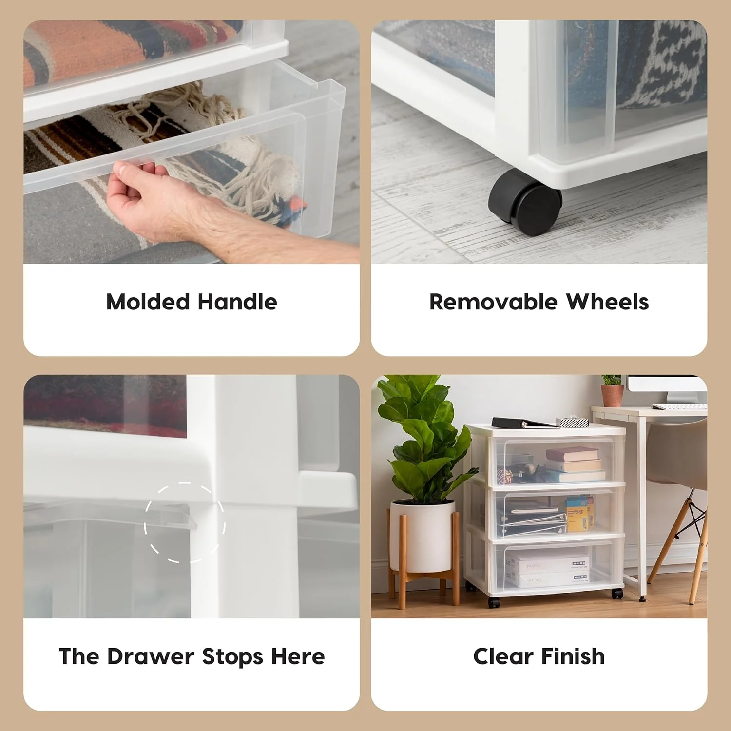 IRIS USA Plastic Drawer Storage Organizer Rolling Cart, with Wheels Casters, 3-Drawers, for Art Craft Supplies Bathroom Dorm Bedroom Laundry Room, Wide, White - Image 4