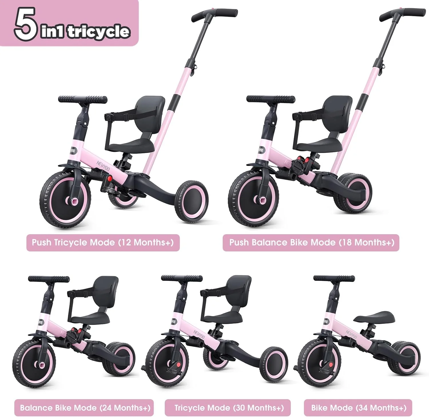 newyoo Toddler Tricycle,Toddler Bike,Birthday Gifts and Toys for 1-3 Year Old Boys and Girls, Trike with Push Handle, Backrest and Safety Belt, Balance Bike, TR007, Pink - Image 3