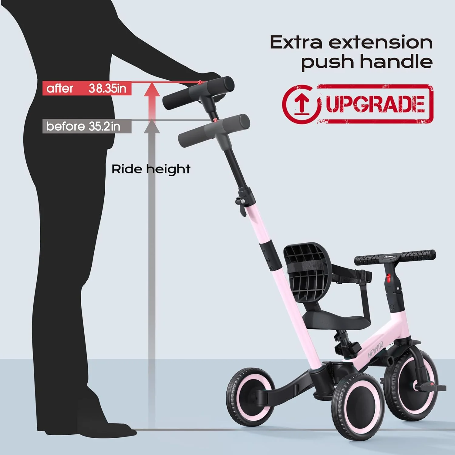 newyoo Toddler Tricycle,Toddler Bike,Birthday Gifts and Toys for 1-3 Year Old Boys and Girls, Trike with Push Handle, Backrest and Safety Belt, Balance Bike, TR007, Pink - Image 6