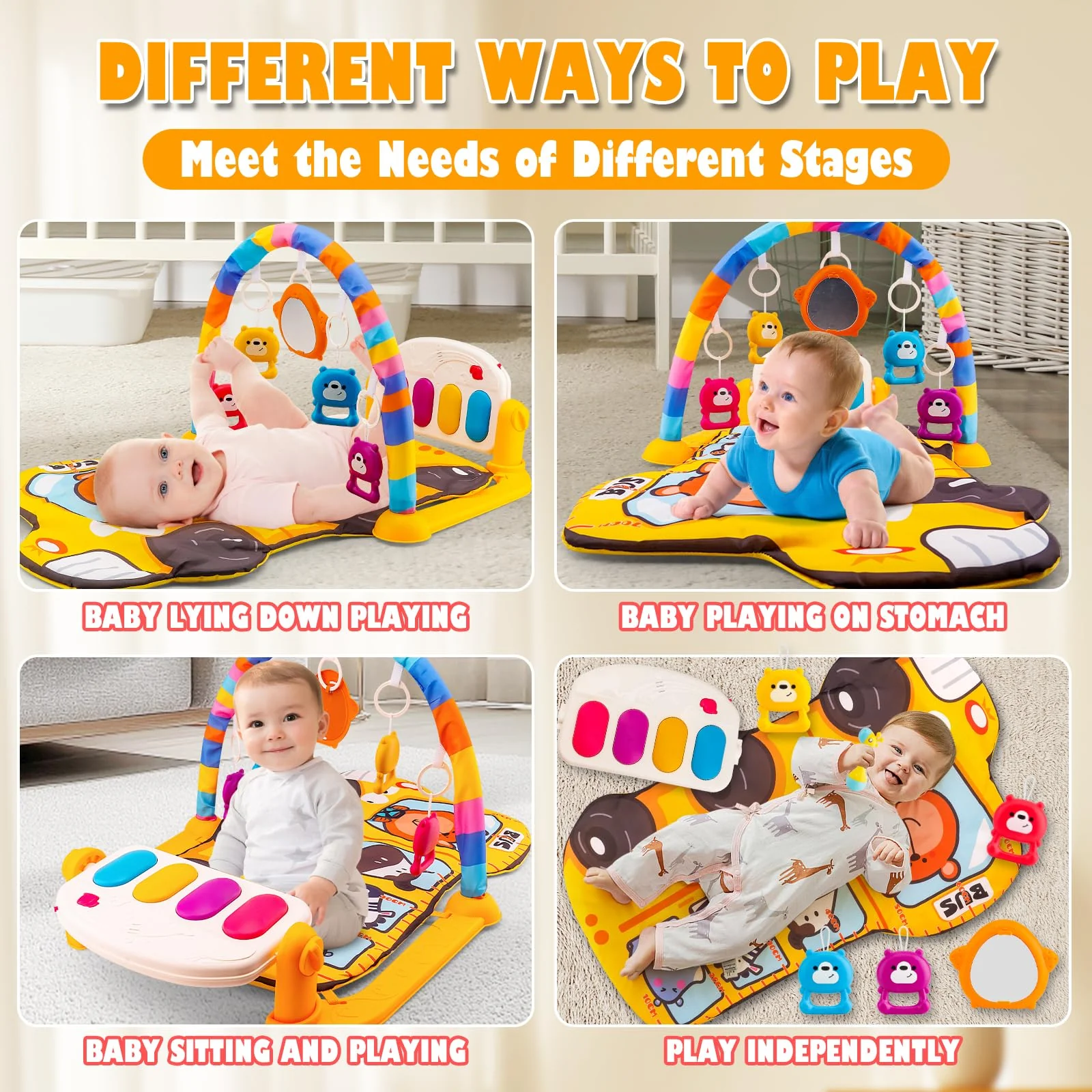 Cartoon Bus Theme Baby Piano mat Kick and Play Gym playmat,Baby Play mat Tummy time mat Fitness Piano with Music and Lights (Bus Baby Play mat(Yellow)) - Image 3