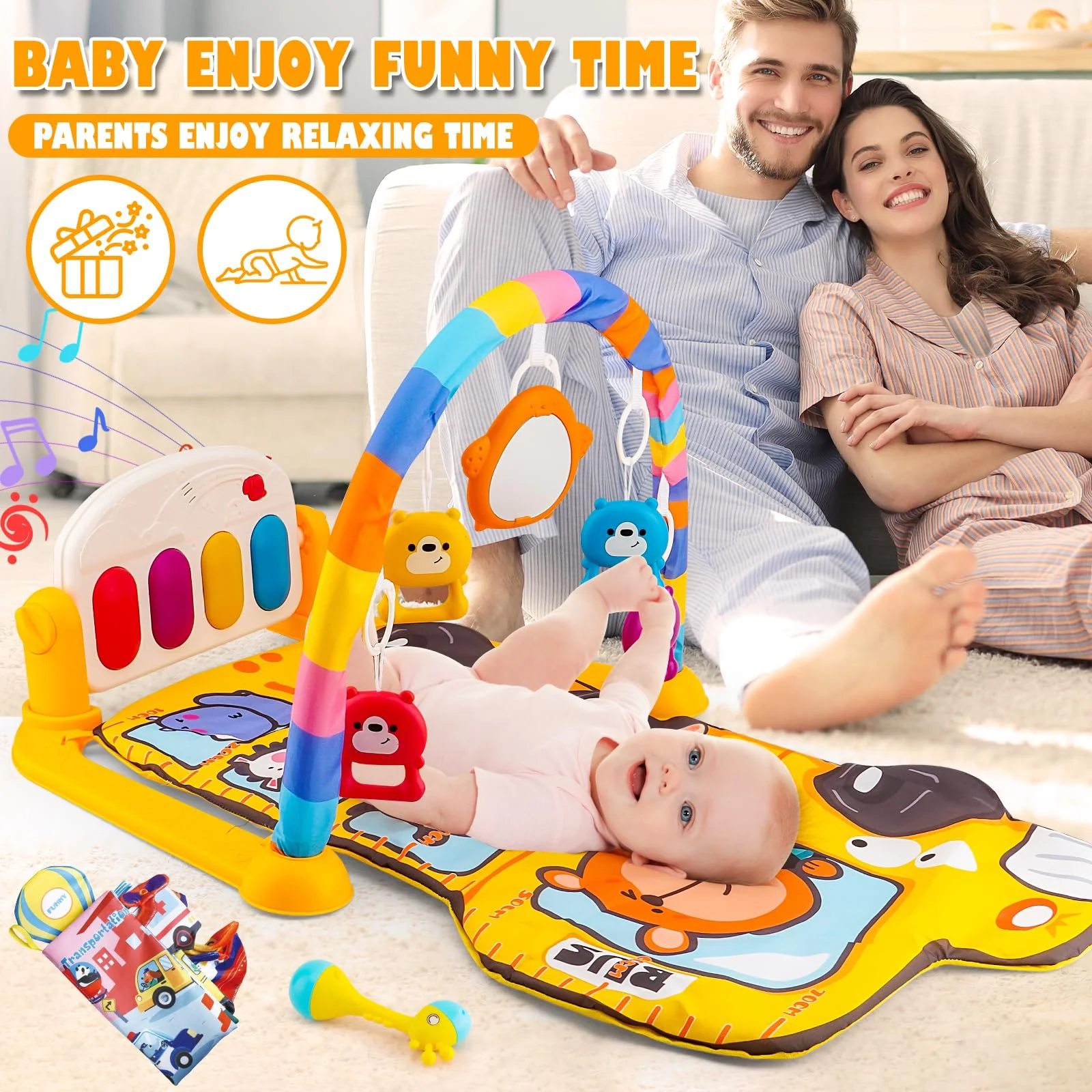 Cartoon Bus Theme Baby Piano mat Kick and Play Gym playmat,Baby Play mat Tummy time mat Fitness Piano with Music and Lights (Bus Baby Play mat(Yellow)) - Image 4