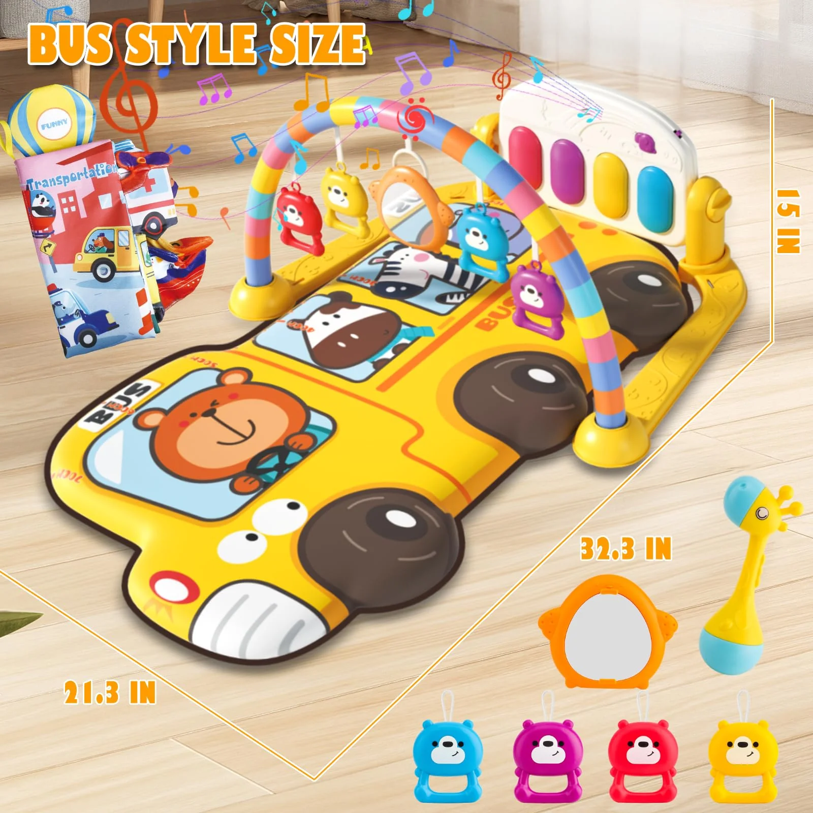 Cartoon Bus Theme Baby Piano mat Kick and Play Gym playmat,Baby Play mat Tummy time mat Fitness Piano with Music and Lights (Bus Baby Play mat(Yellow)) - Image 8