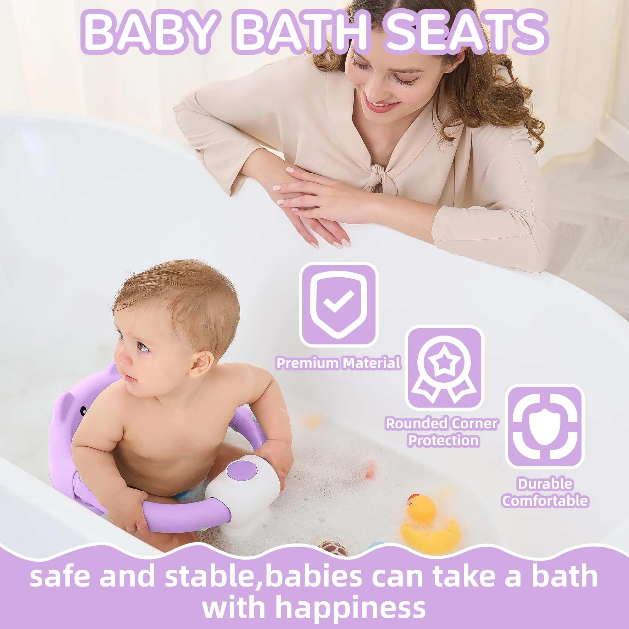 Baby Bath Seat for Babies 6 Months & up, Non-Slip Toddler Bath Seats for Babies Sitting Up, Safe Infant & Newborn Bathtub Chair with 4 Suction Cups & Soft Cushion for Shower,Lavender - Image 3