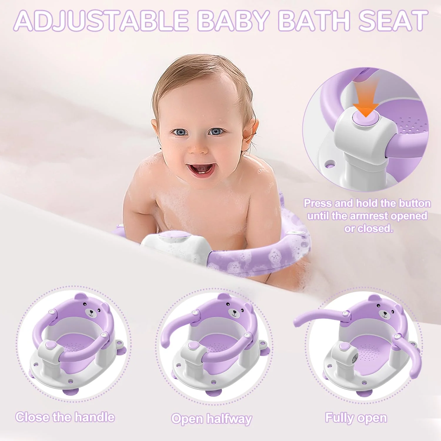 Baby Bath Seat for Babies 6 Months & up, Non-Slip Toddler Bath Seats for Babies Sitting Up, Safe Infant & Newborn Bathtub Chair with 4 Suction Cups & Soft Cushion for Shower,Lavender - Image 6