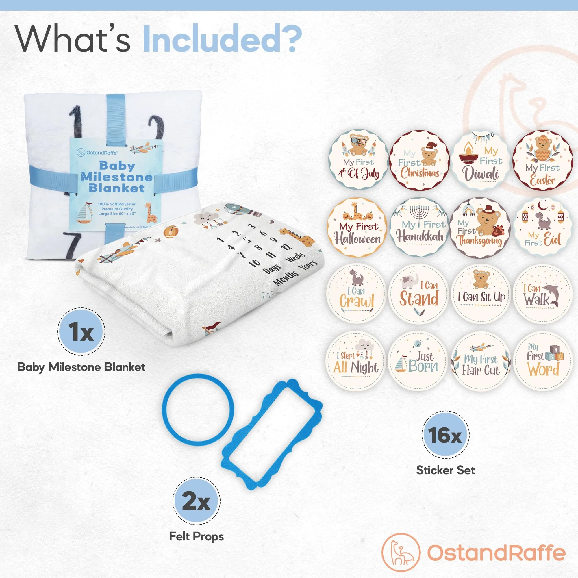 OSTANDRAFFE Monthly Milestone Blanket for Baby, Premium Soft Fleece Blanket, First 12 Months Growth Chart, Large Size 60" x 40", 16 Milestone Stickers - Image 3