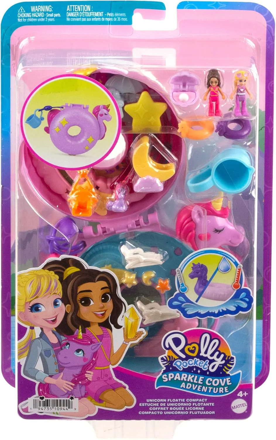 Polly Pocket Sparkle Cove Adventure Unicorn Floatie Compact Playset with 2 Micro Dolls & 12 Accessories, Including 2 with Color Change - Image 6