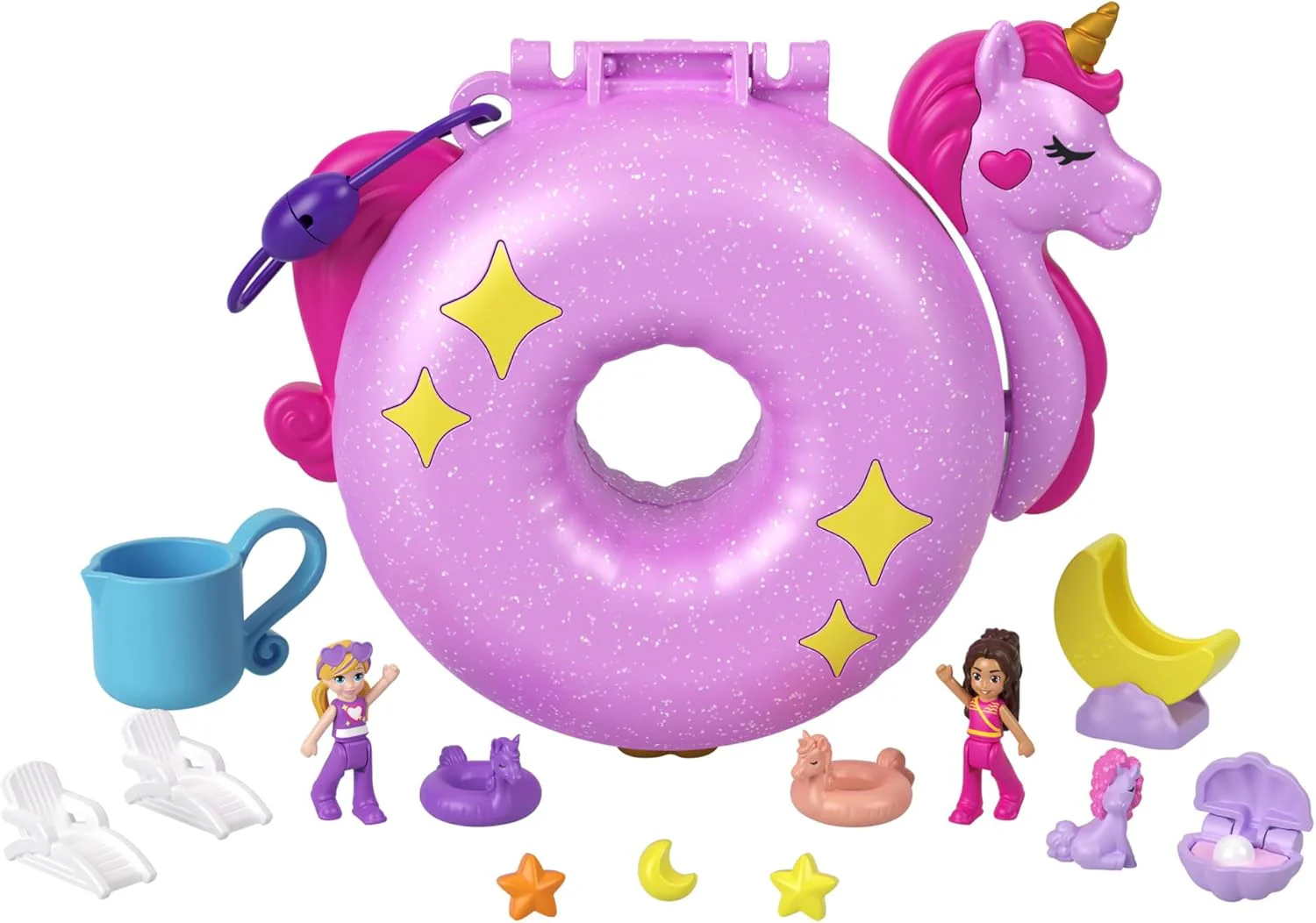 Polly Pocket Sparkle Cove Adventure Unicorn Floatie Compact Playset with 2 Micro Dolls & 12 Accessories, Including 2 with Color Change - Image 7