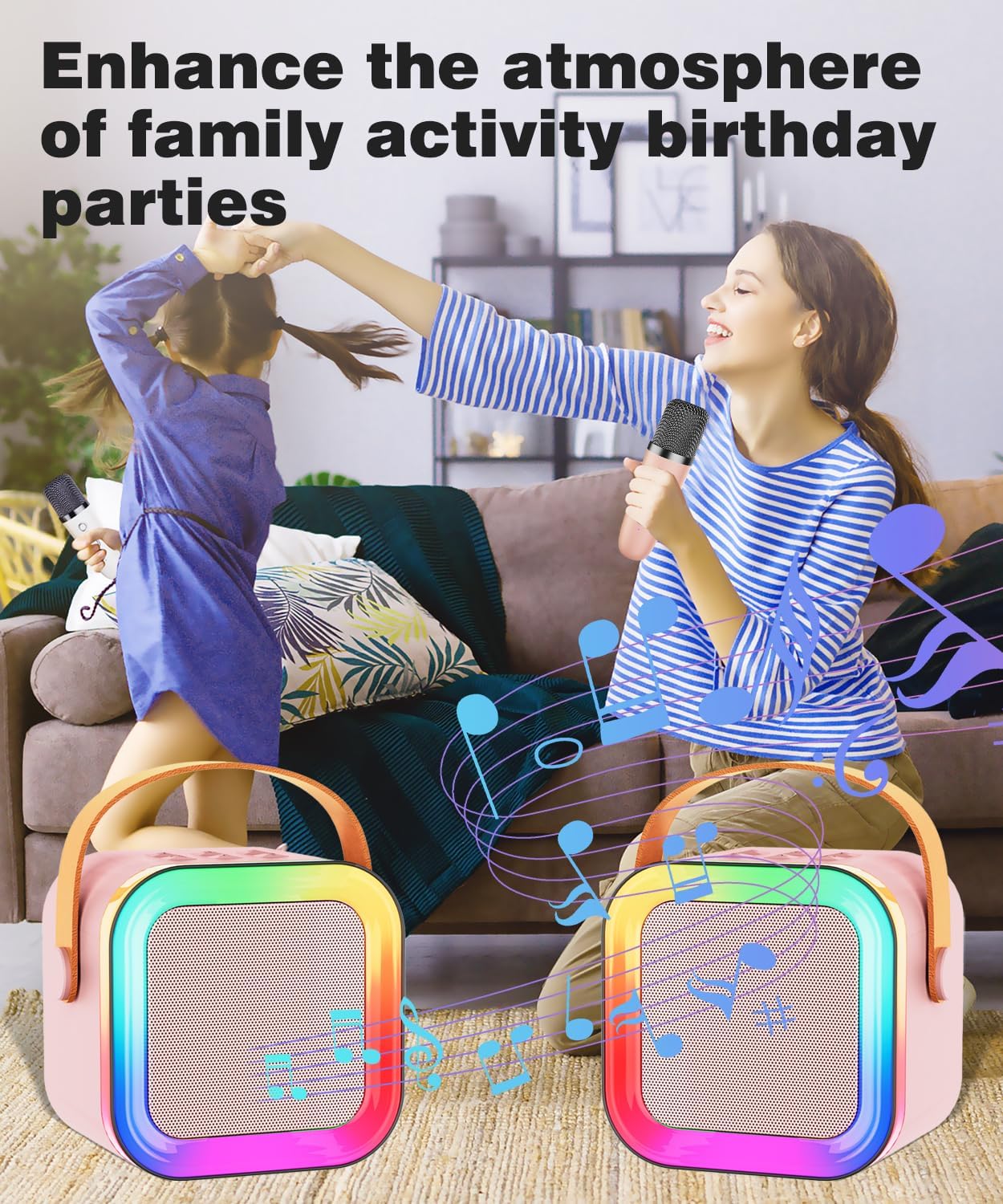 Mini Karaoke Machine Speaker for Kids Adults,Portable Bluetooth with 1-2 Wireless Microphones,Christmas Birthday Gifts Toys Girls Boys Ages 4, 5, 6,7, 8,9,10,11,12+ Years Old Toddler (Pink - 1 Mic) - Image 6