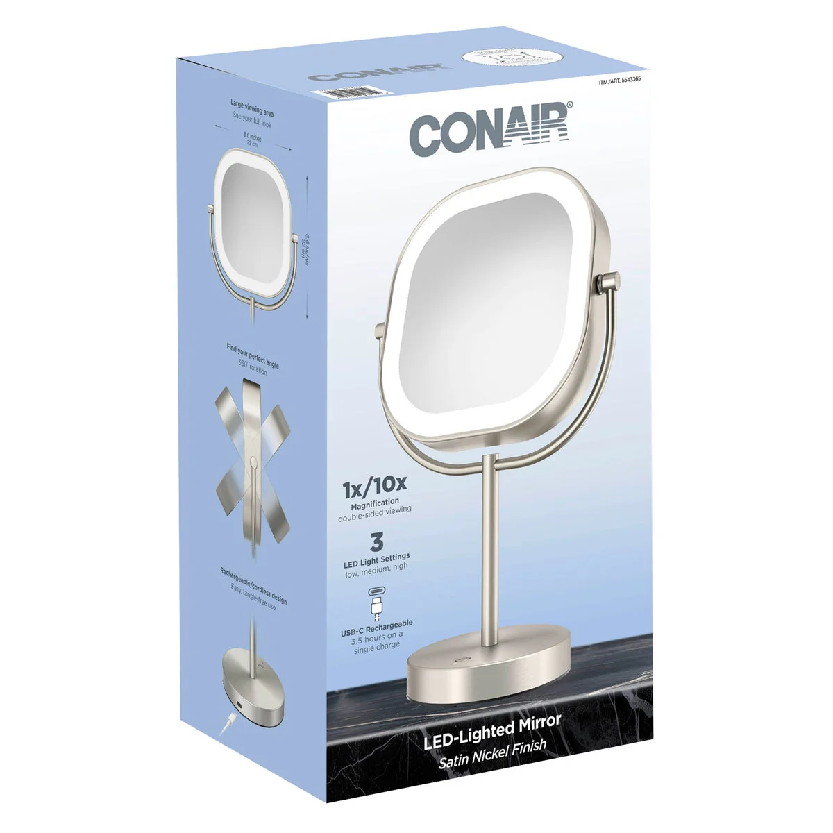 Conair LED Double-Sided 1x/10x Magnification Rechargeable Mirror - Image 4