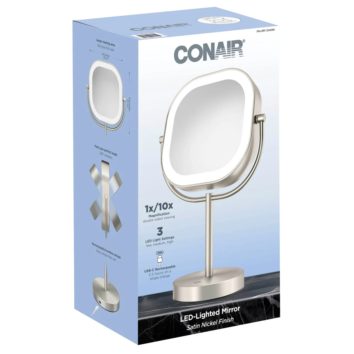 Conair LED Double-Sided 1x/10x Magnification Rechargeable Mirror - Image 5
