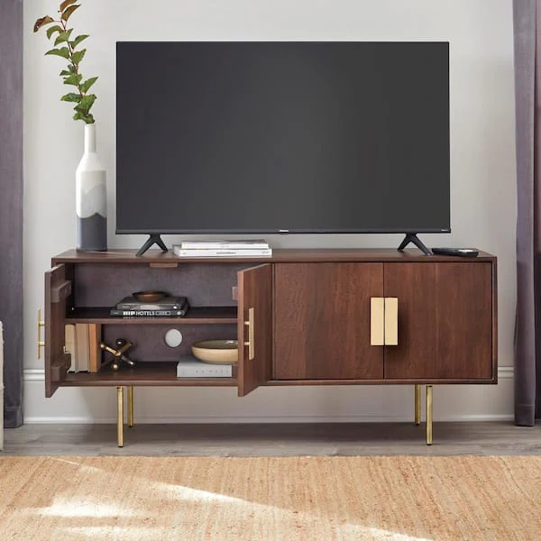54 in. Mid-Century Modern Walnut Brown Media Cabinet with Gold Metal Accents AC B-0702 - Image 3