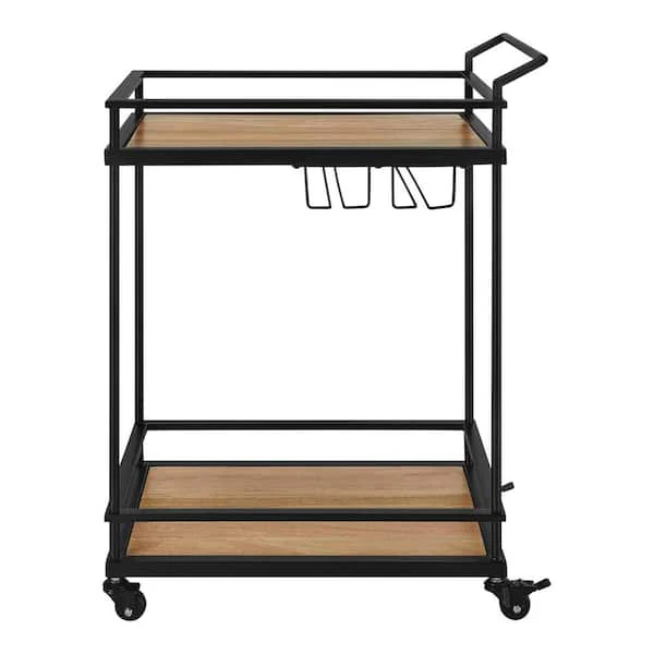 Black Metal Bar Cart with Natural Wood Shelves (26 in. W) - Image 3