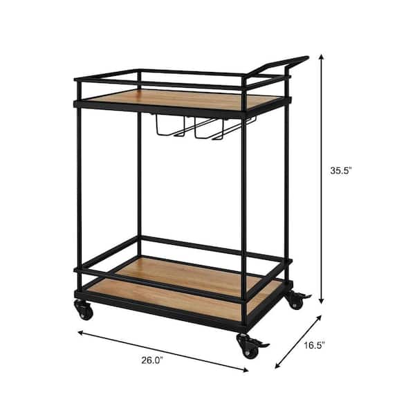 Black Metal Bar Cart with Natural Wood Shelves (26 in. W) - Image 4