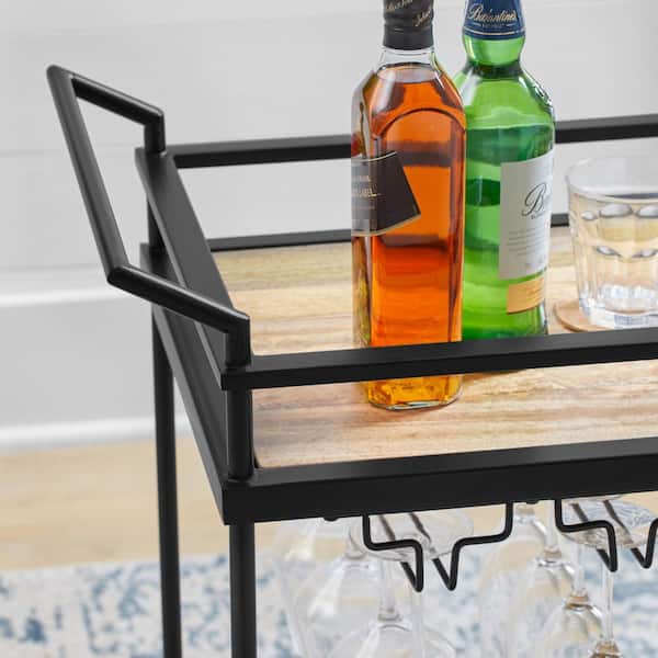 Black Metal Bar Cart with Natural Wood Shelves (26 in. W) - Image 5