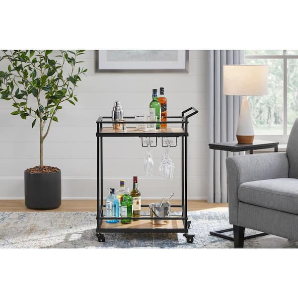 Black Metal Bar Cart with Natural Wood Shelves (26 in. W) - Image 6
