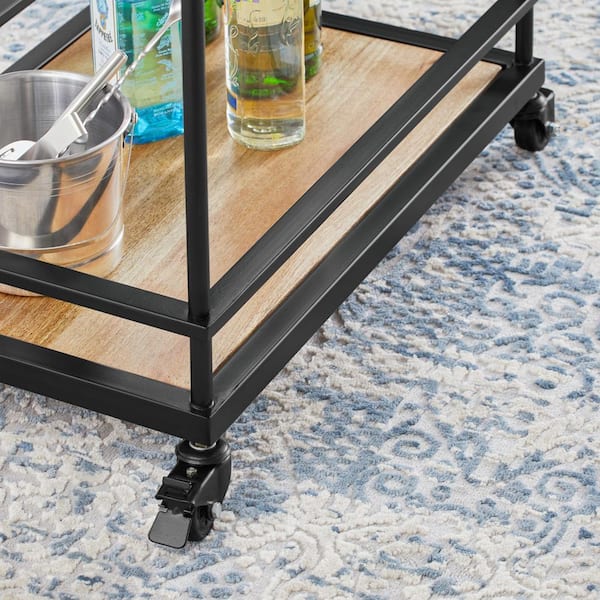 Black Metal Bar Cart with Natural Wood Shelves (26 in. W) - Image 7