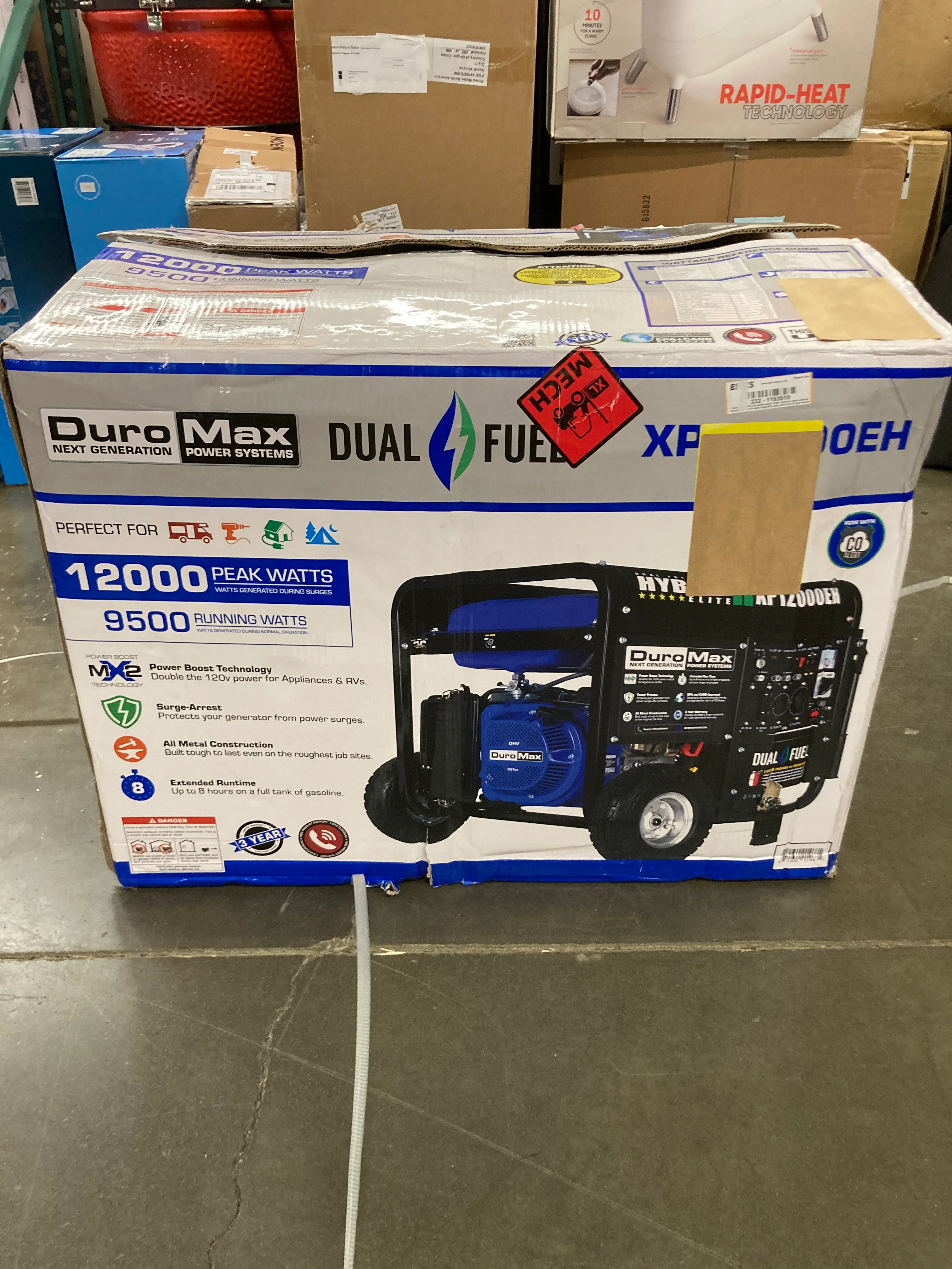 NEW Open Box - DuroMax XP12000EH Generator-12000 Watt Gas or Propane Powered Home Back Up & RV Ready, 50 State Approved Dual Fuel Electric Start Portable Generator, Black and Blue