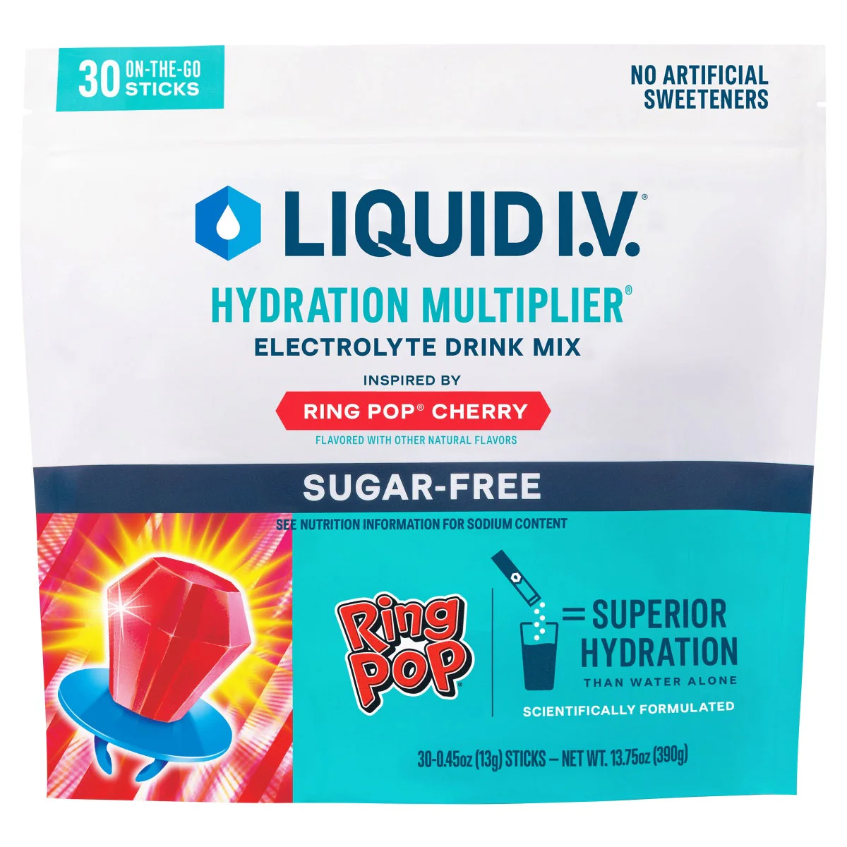 Liquid I.V. Hydration Multiplier, 30 Individual Serving Stick Packs in Resealable Pouch, Sugar Free, Ring Pop Cherry - Image 2