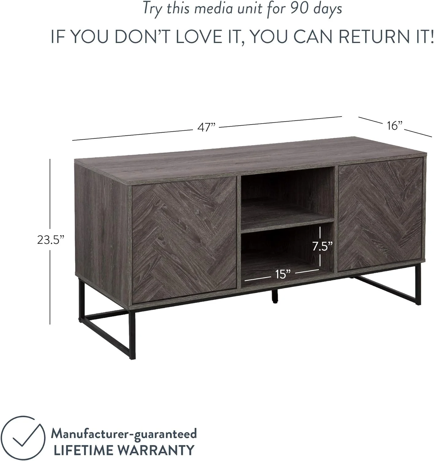 NEW - Nathan James Dylan Media Console Cabinet or TV Stand with Doors for Hidden Storage Herringbone Wood Pattern and Metal, Gray/Matte Black Length: 47" x Width: 16" x Height: 24" - Retail $169 - Image 2
