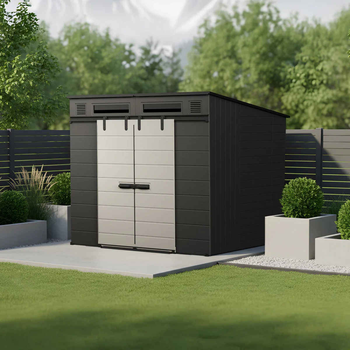 NEW - Suncast Modernist 8'x7' Dual Barn Door Storage Shed