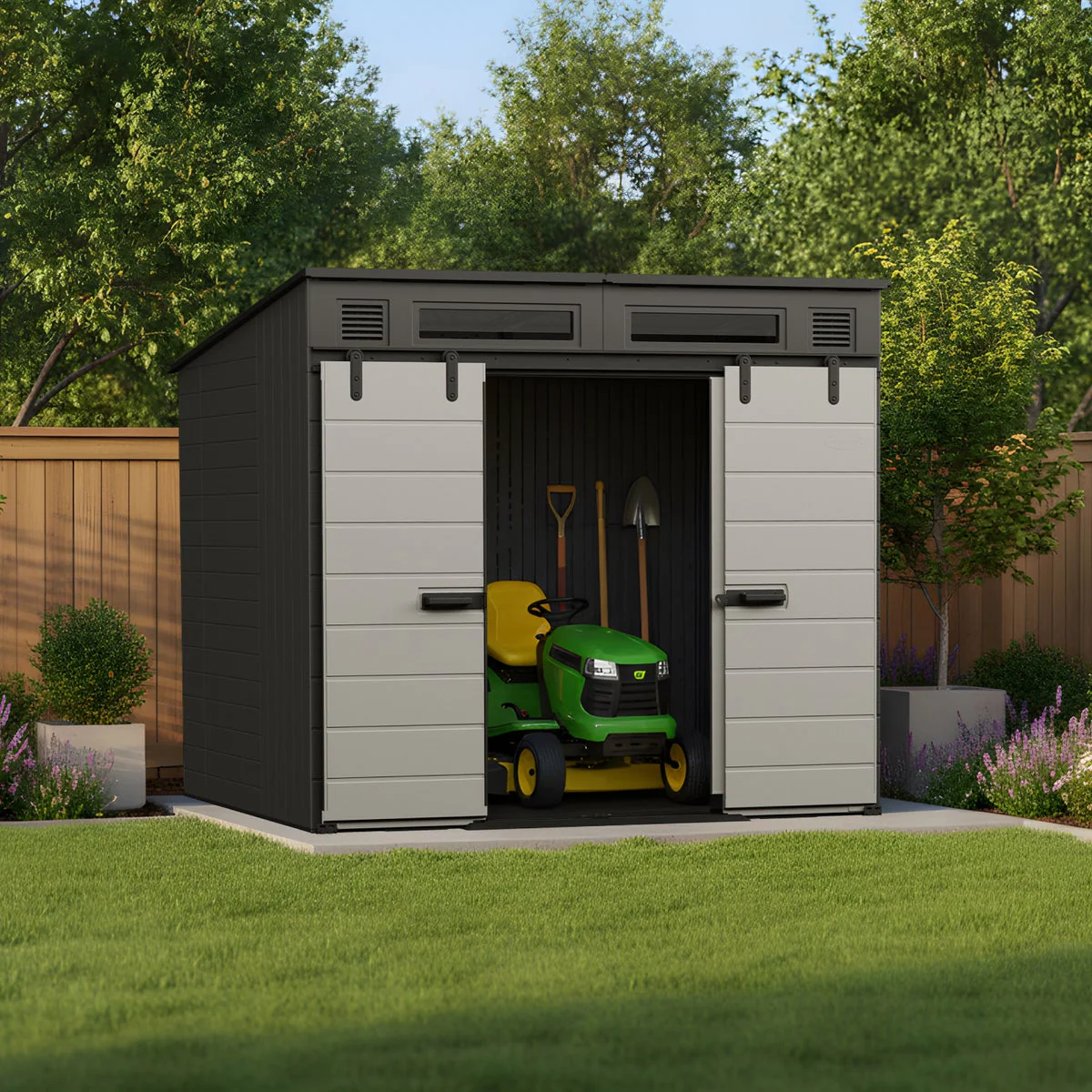 NEW - Suncast Modernist 8'x7' Dual Barn Door Storage Shed - Image 2