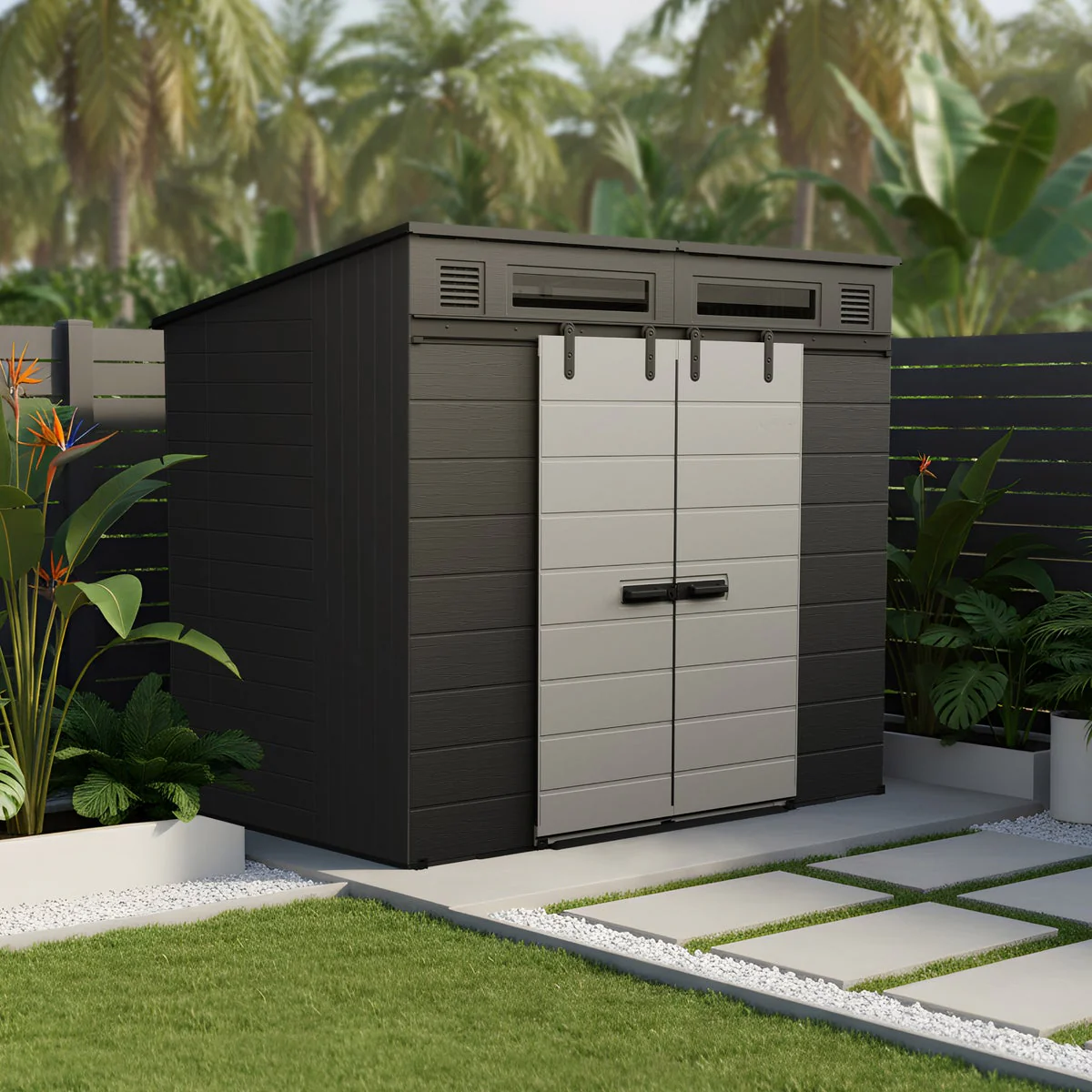 NEW - Suncast Modernist 8'x7' Dual Barn Door Storage Shed - Image 8