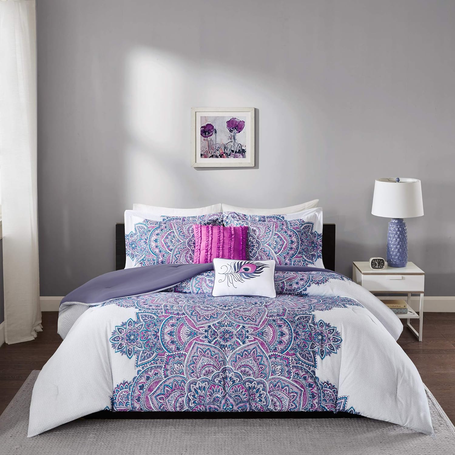 NEW - Intelligent Design Mila Comforter Bed Sets â€“ All Season Ultra Soft Microfiber Teen Bedding - Perfect For Dormitory-Great For Guest and Girls Bedroom, Full/Queen, Medallion Purple 5 Piece - Retail $63 - Image 8