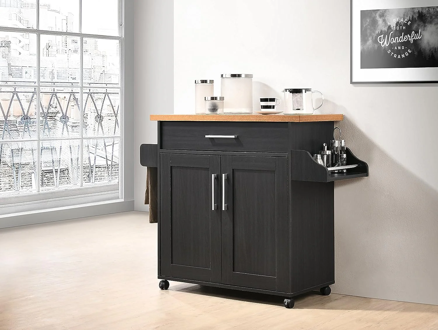 Like NEW - Hodedah Kitchen Island with Spice Rack, Towel Rack & Drawer, Black with Beech Top - Retail $95 - Image 4