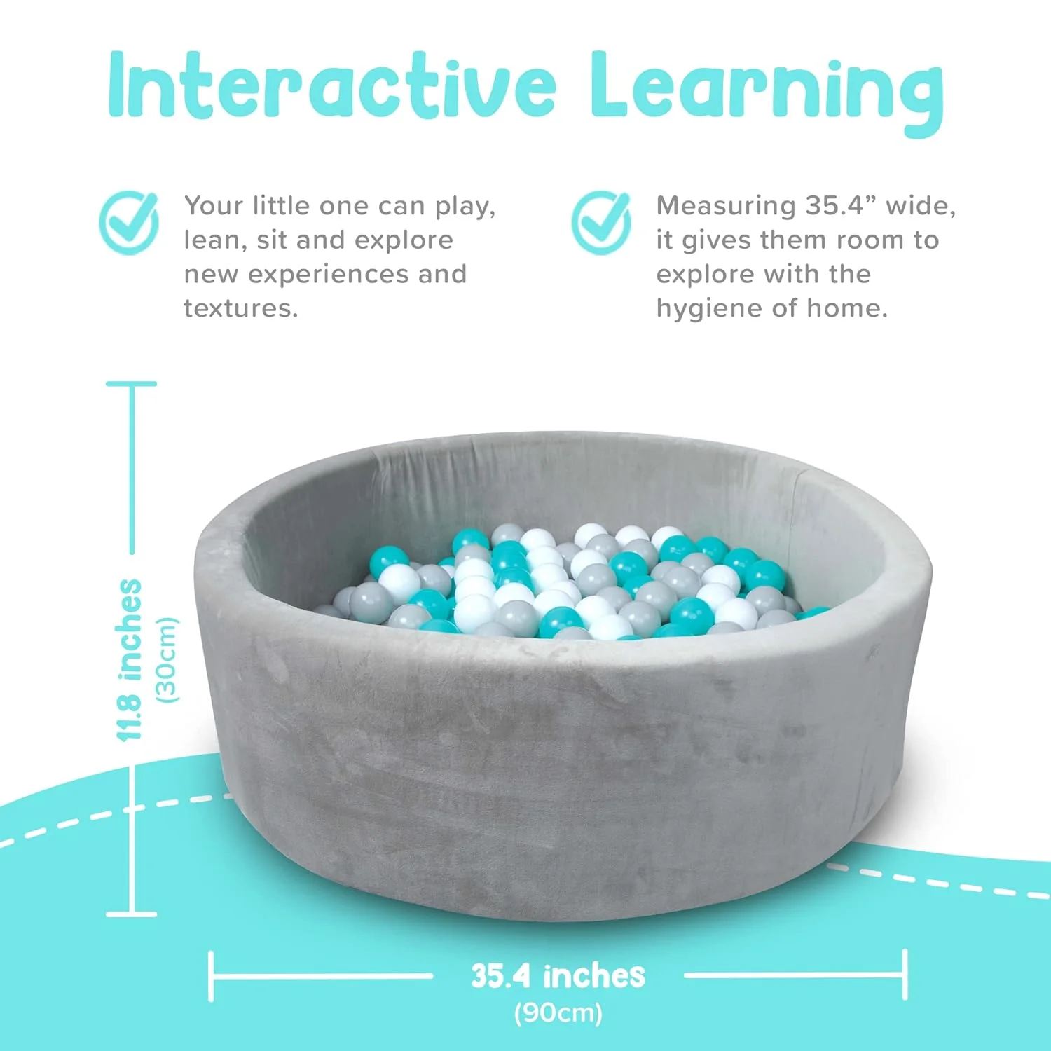 NEW - Nuby Velvet Ball Pit, Soft Play Foam Ball Pits for Baby and Toddlers with 200 Colored Balls Included, Ball Pit Playpen, Indoor Play Gym, Outdoor Play Ball Pit for Babies, Bounce Ball Game Aqua & Gray - Retail $99 - Image 2