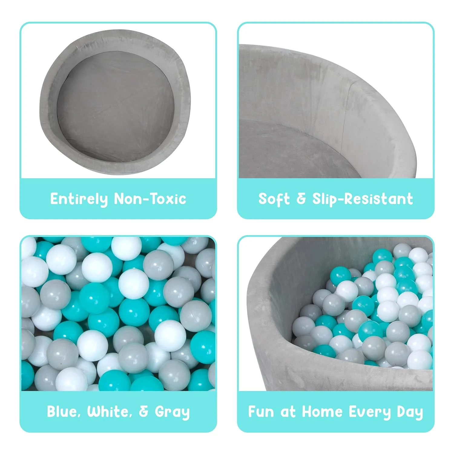 NEW - Nuby Velvet Ball Pit, Soft Play Foam Ball Pits for Baby and Toddlers with 200 Colored Balls Included, Ball Pit Playpen, Indoor Play Gym, Outdoor Play Ball Pit for Babies, Bounce Ball Game Aqua & Gray - Retail $99 - Image 6