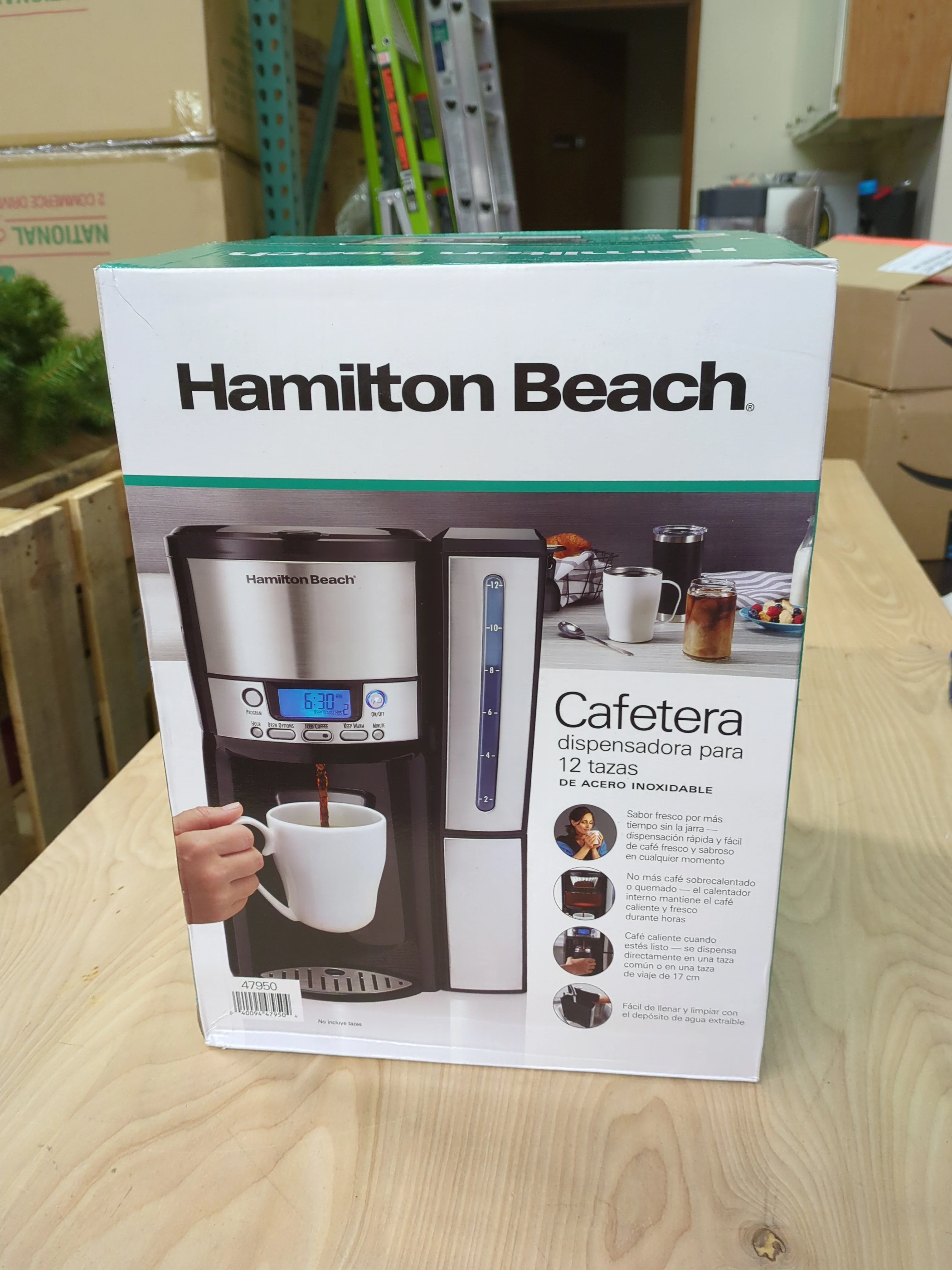 NEW - Hamilton Beach One Press Programmable Dispensing Drip Coffee Maker with 12 Cup Internal Brew Pot, Water Reservoir, Black & Stainless (47950) - Retail $62